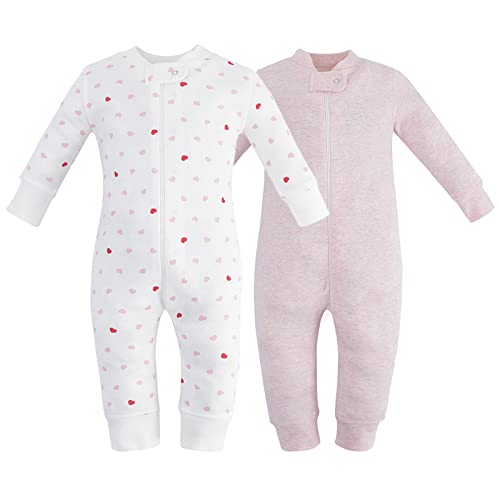 Owlivia Organic Cotton Baby Boy Girl Zip up Sleep N Play, Footless, Long Sleeve(12-18 Months, Pink Melange & Pink Heart) - Image 1