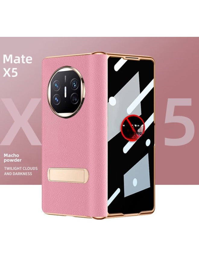 For Huawei MateX5 Electroplated Hinge Folding Screen X5 Phone Case Collection Edition Napa Pattern Film X3 Phone Case-Color:[Cricket Red-Electroplated Napa Hinge * With Anti-peep Film-Horizontal Bracket]]-Applicable Model:For Huawei Mate X3 Collection Edition