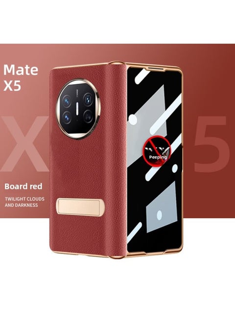 For Huawei MateX5 Electroplated Hinge Folding Screen X5 Phone Case Collection Edition Napa Pattern Film X3 Phone Case-Color:[Cricket Red-Electroplated Napa Hinge * With Anti-peep Film-Horizontal Bracket]]-Applicable Model:For Huawei Mate X3 Collection Edition