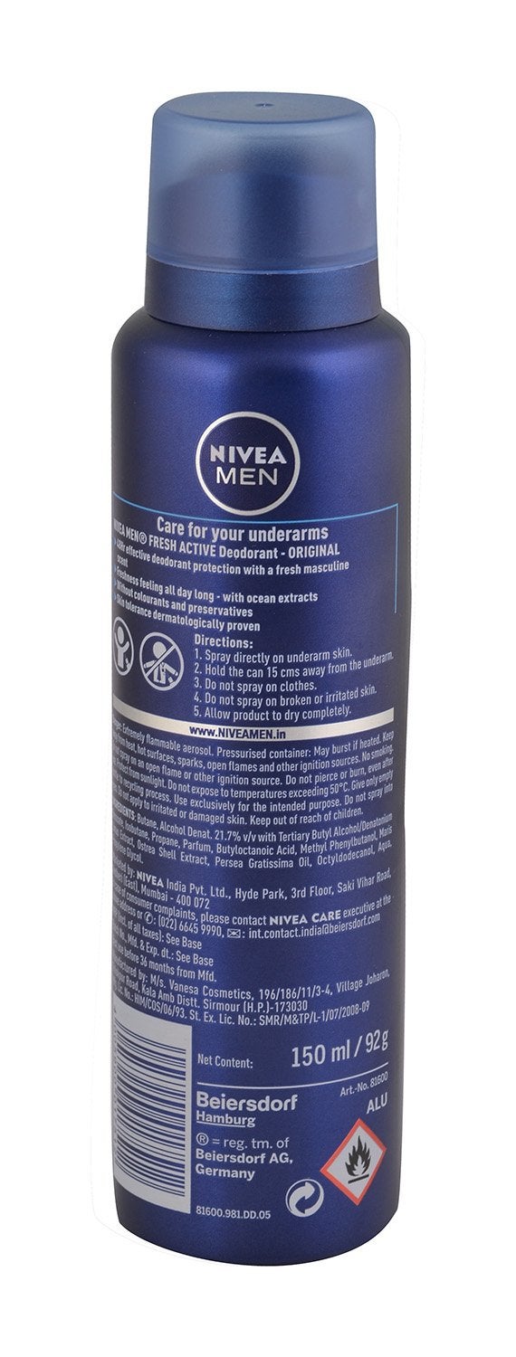 Nivea Deodorant - Fresh Active Original, 150ml Bottle, Spray, Male - Image 3