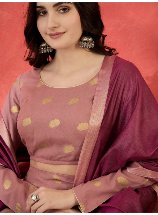 AKS Blush Pink Lehenga Choli With Gold Print And Silk Dupatta  - Image 3