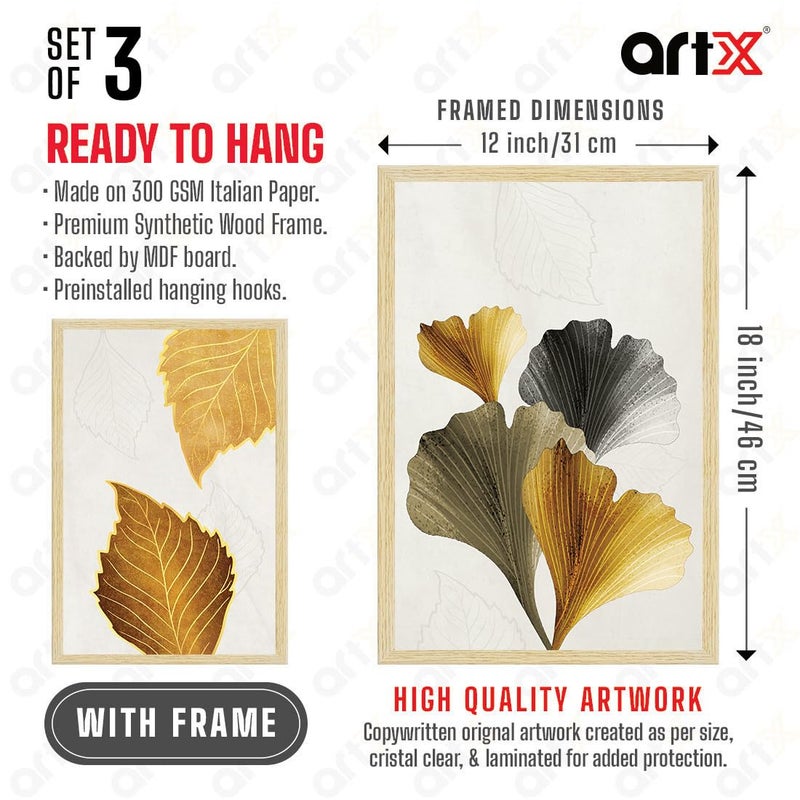 ArtX Paper Modern Art Wall Painting For Living RoomDrawing Room Decoration Big Size Leaves Framed Painting for Wall Decoration Mordern Wall Decor For BedroomMulticolor 360 x 180 inchesSet Of 3 - Image 2