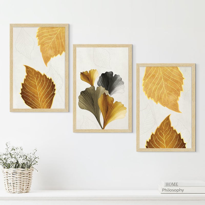 ArtX Paper Modern Art Wall Painting For Living RoomDrawing Room Decoration Big Size Leaves Framed Painting for Wall Decoration Mordern Wall Decor For BedroomMulticolor 360 x 180 inchesSet Of 3 - Image 1