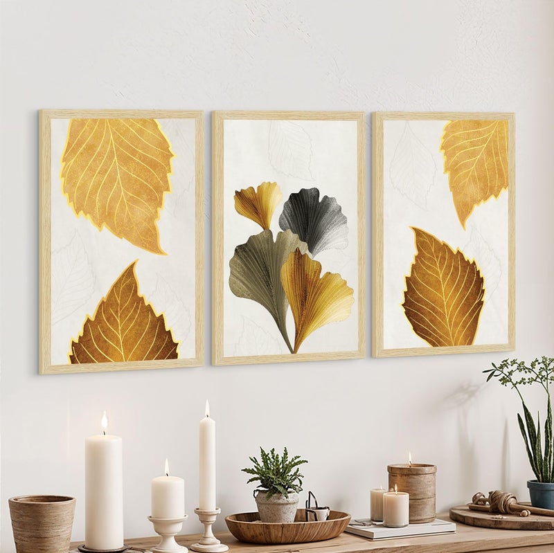 ArtX Paper Modern Art Wall Painting For Living RoomDrawing Room Decoration Big Size Leaves Framed Painting for Wall Decoration Mordern Wall Decor For BedroomMulticolor 360 x 180 inchesSet Of 3 - Image 5