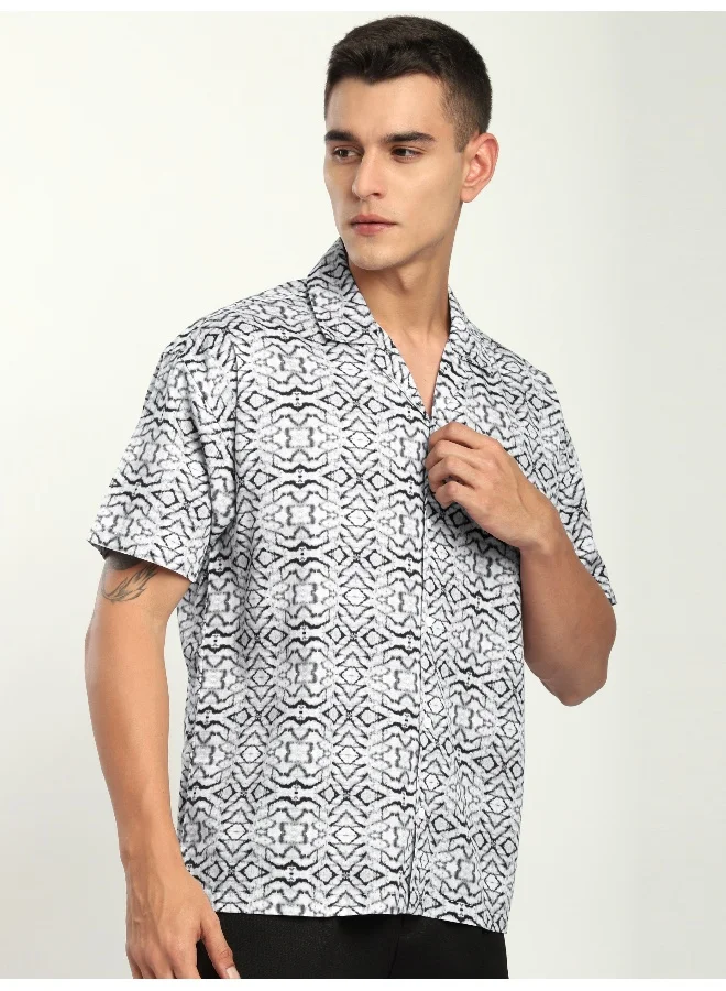 Beyoung White and Black Printed Cuban Shirt
