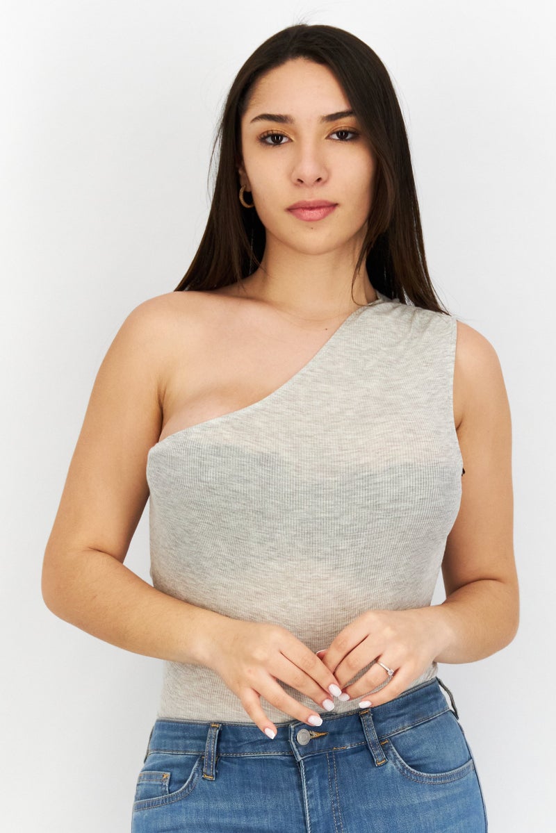 KENDALL + KYLIE Women Asymmetrical Neckline Heather Bodysuit, Grey - Image 1