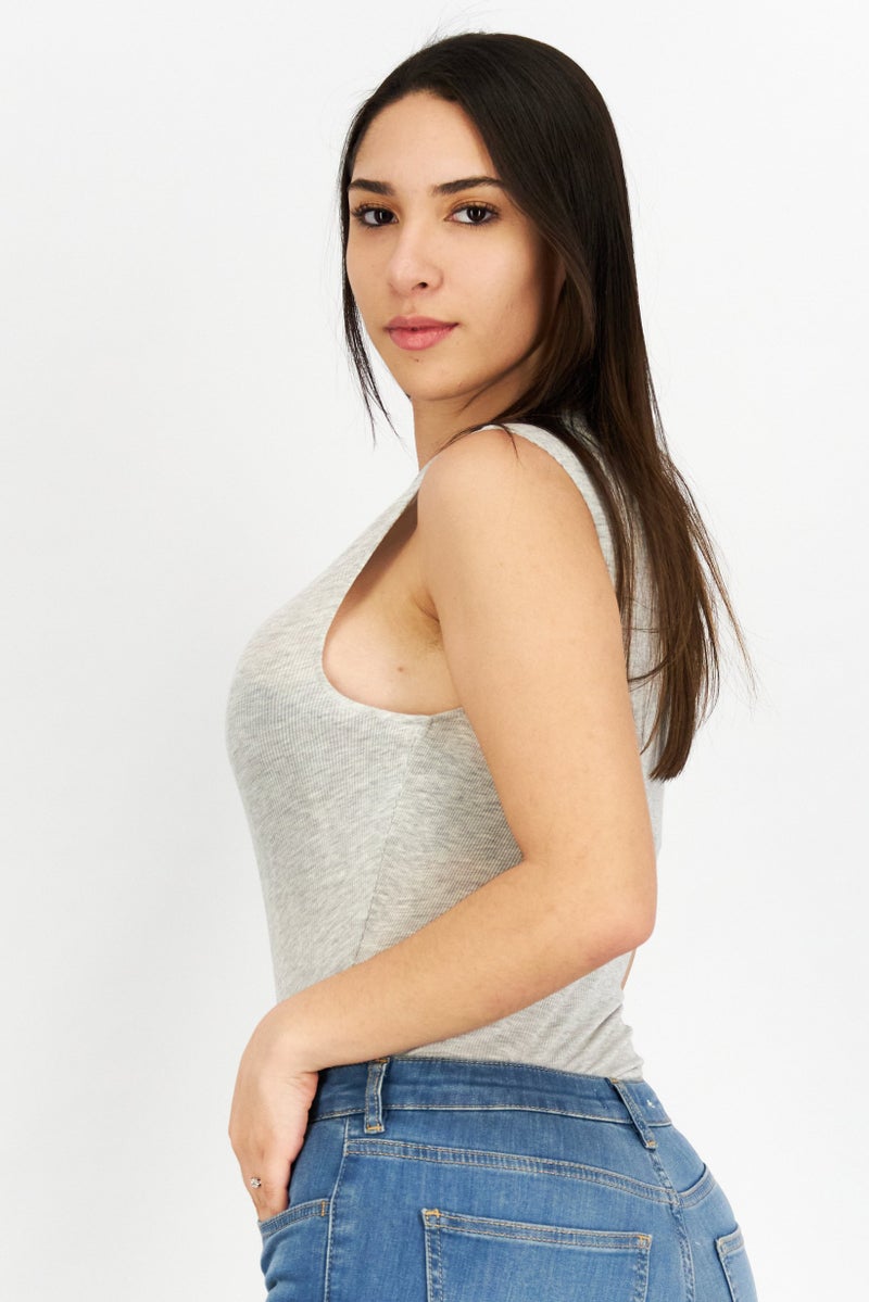 KENDALL + KYLIE Women Asymmetrical Neckline Heather Bodysuit, Grey - Image 2