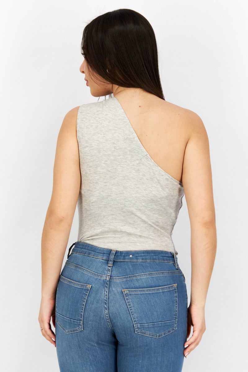 KENDALL + KYLIE Women Asymmetrical Neckline Heather Bodysuit, Grey - Image 4