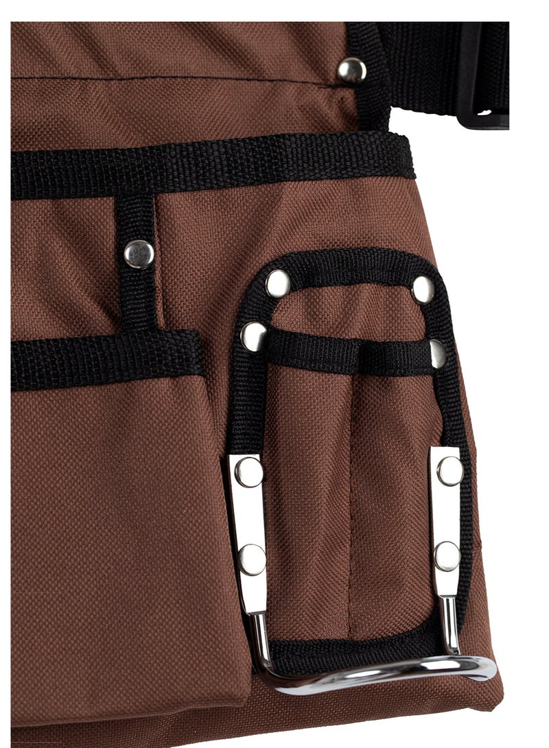 حزام أدوات، حزام أدوات ثقيل الوزن بني وأسود بـ 11 جيب، مع حزام بولي شبكة وقفل سريع التحرير، حقيبة أدوات قابلة للتعديل لفني الكهرباء، النجار، البناء - Image 4