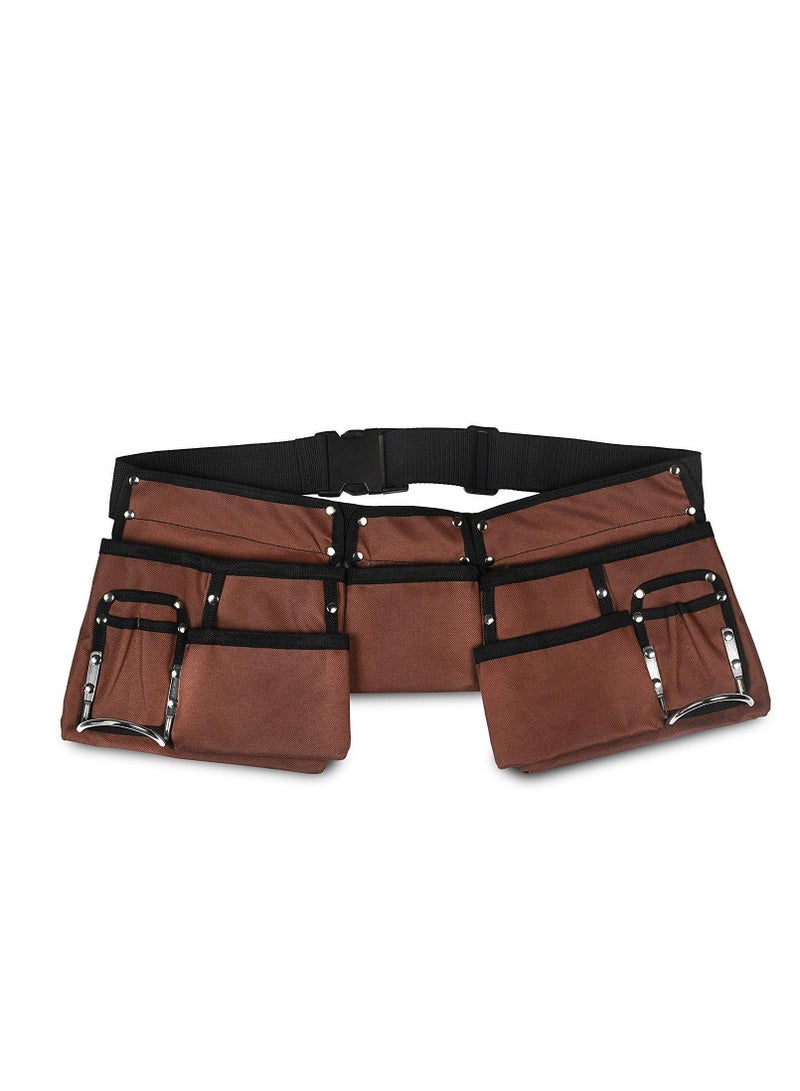 حزام أدوات، حزام أدوات ثقيل الوزن بني وأسود بـ 11 جيب، مع حزام بولي شبكة وقفل سريع التحرير، حقيبة أدوات قابلة للتعديل لفني الكهرباء، النجار، البناء - Image 2