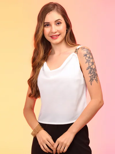 globus Globus Women Cowl Neck Strappy Shoulder Party Crop Top With Metal Buckle Strap