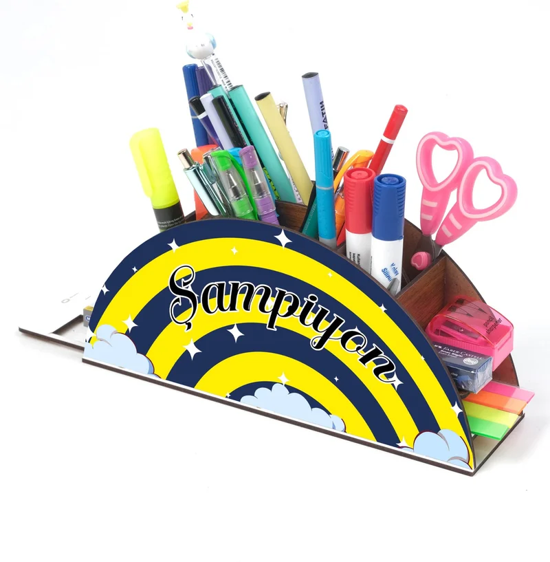 نوتبا Wooden Yellow Navy Blue Rainbow Ruler Desktop Pen Holder Box Organizer For Kids GK112