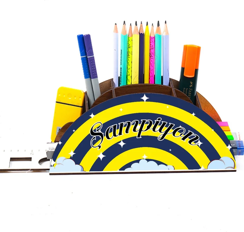 نوتبا Wooden Yellow Navy Blue Rainbow Ruler Desktop Pen Holder Box Organizer For Kids GK112