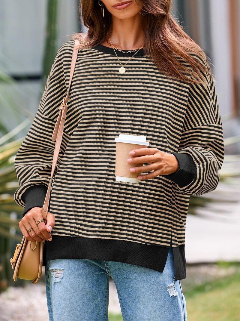 Fisoew Women's Fall Oversized Sweatshirt Casual Waffle Knit Long Sleeve Crewneck Split Pullover Tunic Tops Camel - Image 2