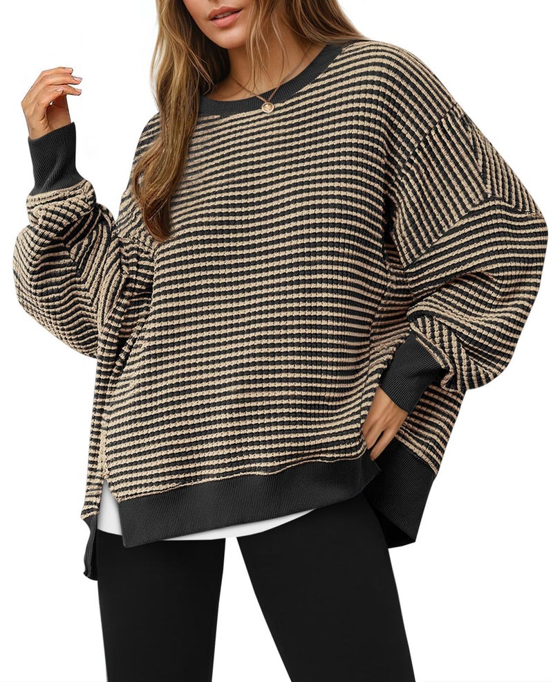 Fisoew Women's Fall Oversized Sweatshirt Casual Waffle Knit Long Sleeve Crewneck Split Pullover Tunic Tops Camel - Image 1