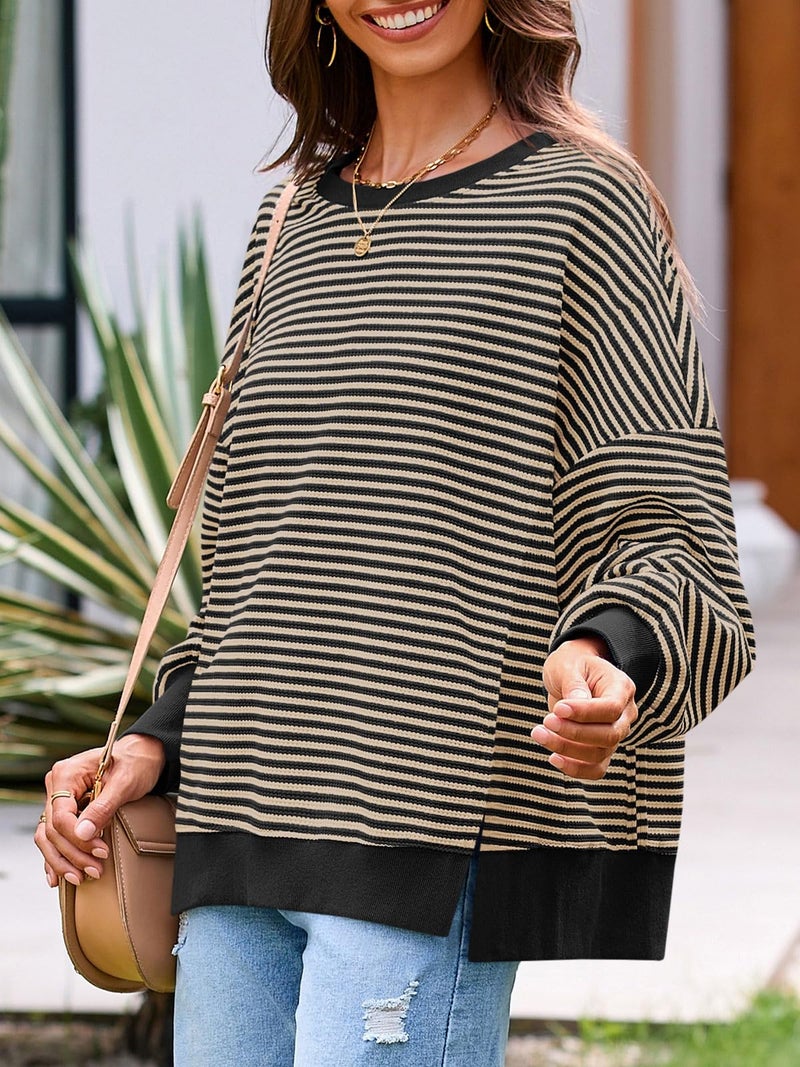 Fisoew Women's Fall Oversized Sweatshirt Casual Waffle Knit Long Sleeve Crewneck Split Pullover Tunic Tops Camel - Image 3
