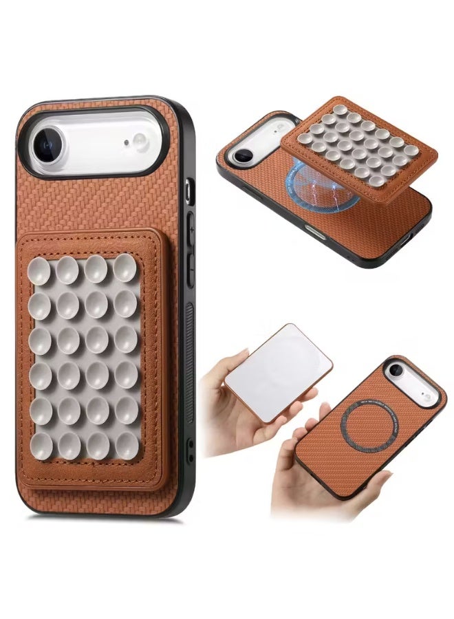 Temu Fashion Brown Texture Fiber Phone Case with Card Holder and Suction Cup for Apple Phone, Shockproof, Scratch Resistant and Drop Resistant Compatible with iPhone 17 Air - Image 2