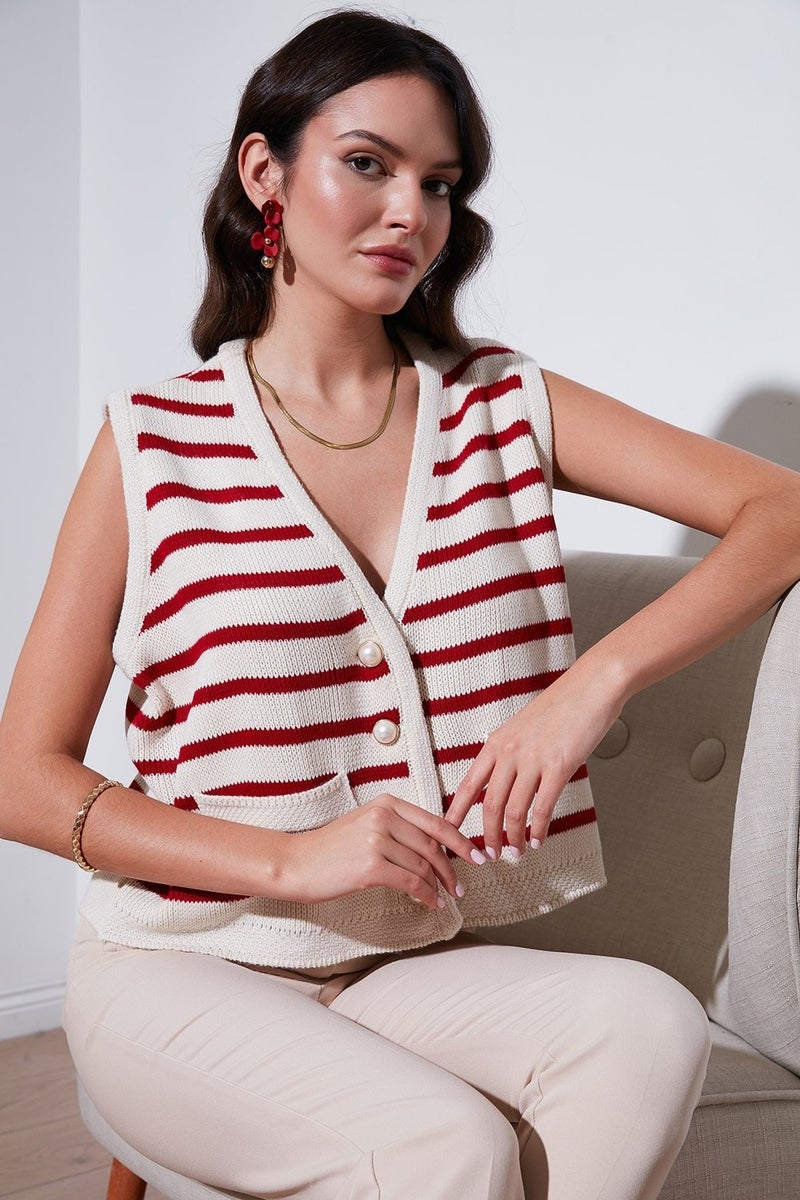 Lela Striped Oversize Fit V Neck Buttoned Vest Women's Vest 4616175  - Image 1