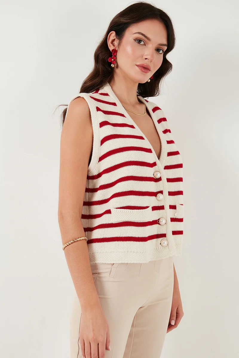 Lela Striped Oversize Fit V Neck Buttoned Vest Women's Vest 4616175