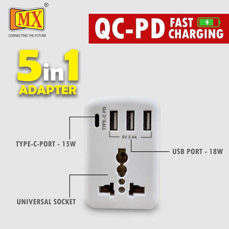 MX Worldwide Universal Socket Travel Adapter with TypeC PD 5V3A Triple USB Ports 5V 34A Fast Charging Ports5 in One 100V250V AC Plug Type D Plug White Pack of 1 - Image 3