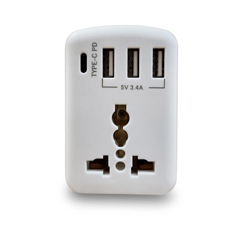 MX Worldwide Universal Socket Travel Adapter with TypeC PD 5V3A Triple USB Ports 5V 34A Fast Charging Ports5 in One 100V250V AC Plug Type D Plug White Pack of 1 - Image 1