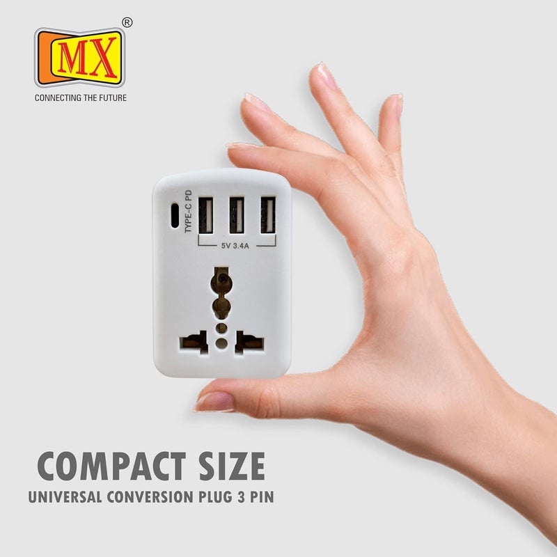 MX Worldwide Universal Socket Travel Adapter with TypeC PD 5V3A Triple USB Ports 5V 34A Fast Charging Ports5 in One 100V250V AC Plug Type D Plug White Pack of 1 - Image 5