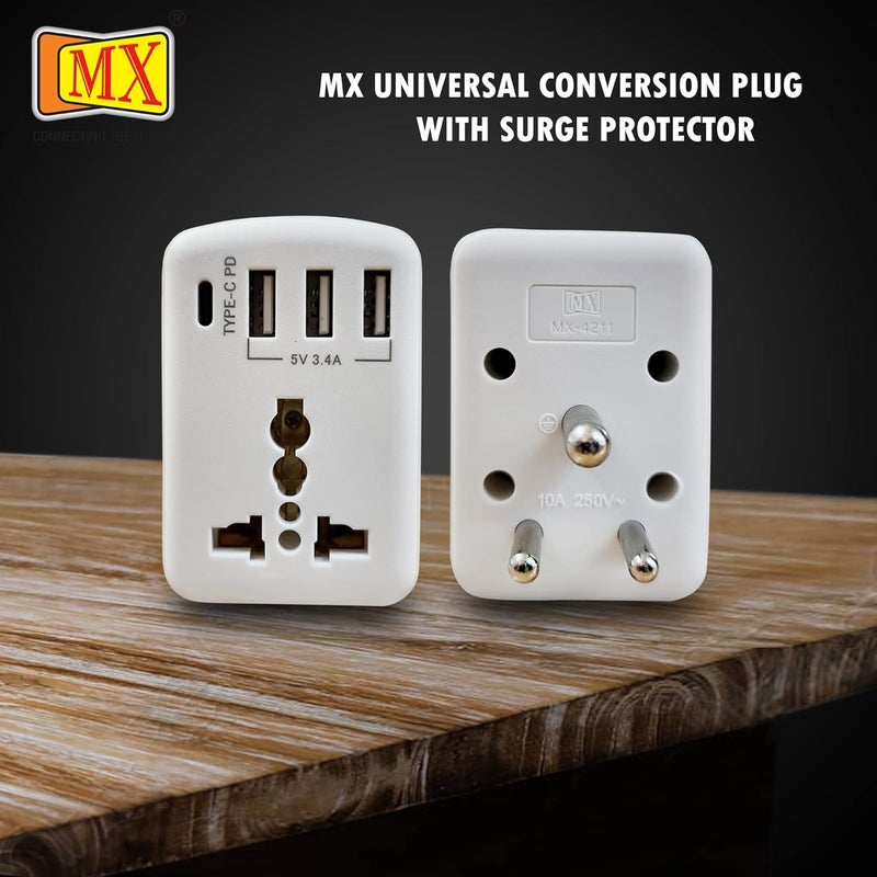MX Worldwide Universal Socket Travel Adapter with TypeC PD 5V3A Triple USB Ports 5V 34A Fast Charging Ports5 in One 100V250V AC Plug Type D Plug White Pack of 1 - Image 2