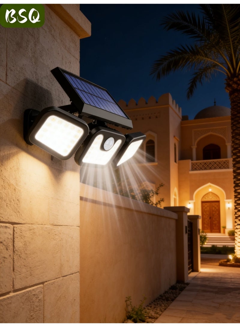 بي إس كيو مصابيح شمسية خارجية، مصابيح LED لاسلكية عالية السطوع تعمل بالطاقة الشمسية ومزودة بمستشعر حركة؛ ثلاثة رؤوس مصابيح قابلة للتعديل، إضاءة واسعة بزاوية 270 درجة، مقاومة للماء بمعيار IP65، كشاف ضوئي فائق السطوع، 3 أوضاع إضاءة. - Image 1