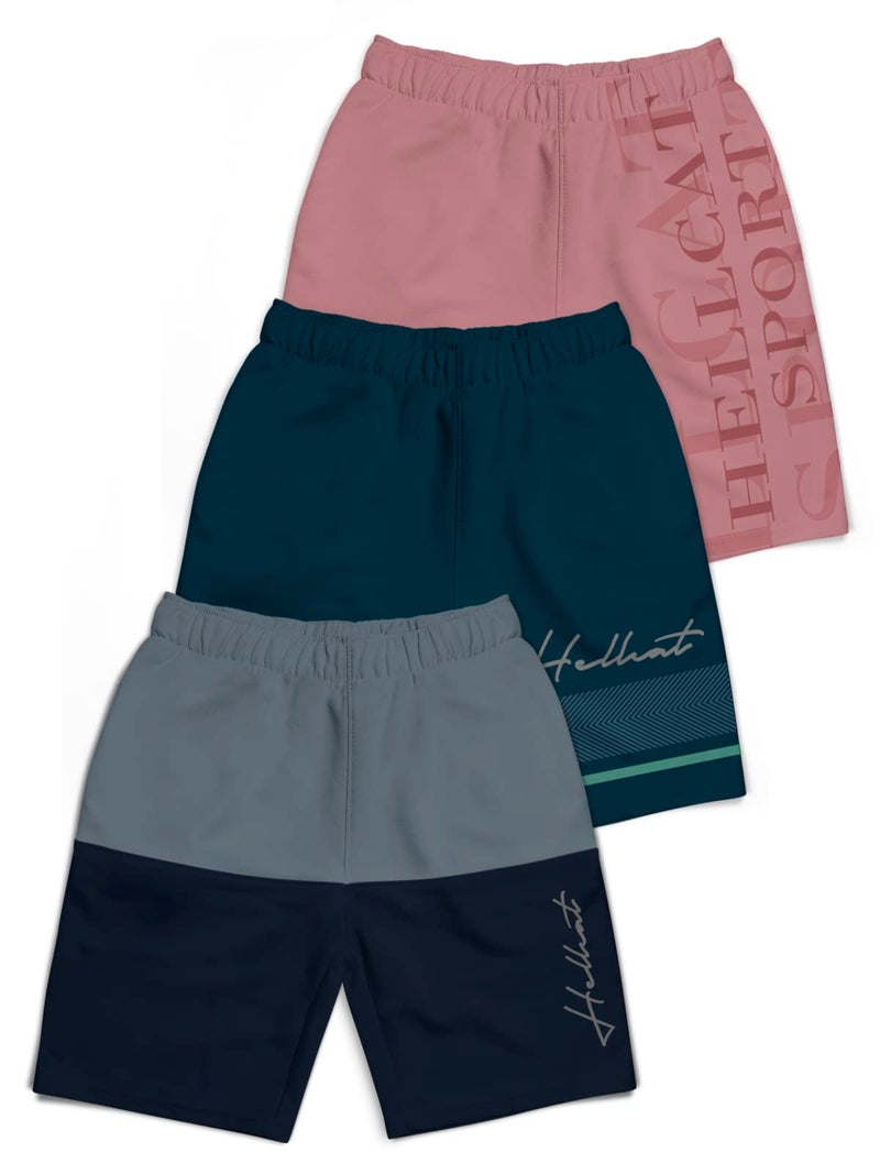 HELLCAT Pack of 3 Trendy Typographic Printed Mid Rise Shorts for Boys - Grey/Petrol Blue/Pink_11-12 Years - Image 1