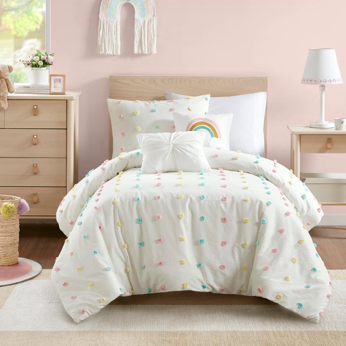 KIDS DUVET COTTON JACQUARD WEAVE COLORFUL POMS ACCENT SHABBY CHIC COVER FOR COMFORTER COZY BEDDING SET MATCHING SHAMS DECORATIVE PILLOWS TWINTWIN XL IVORY 4 PIECE
