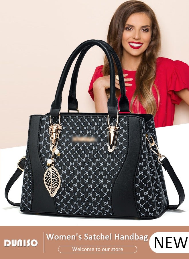 DUNISO Faux Leather Handbag With Top Handle,Large Capacity Women’s Shoulder Bag,Cross-Body Purse For Ladies With Zipper, All-Match Messenger Bag,Simple Vintage Print Tote Bag For Daily, Work, Travel  - Image 1