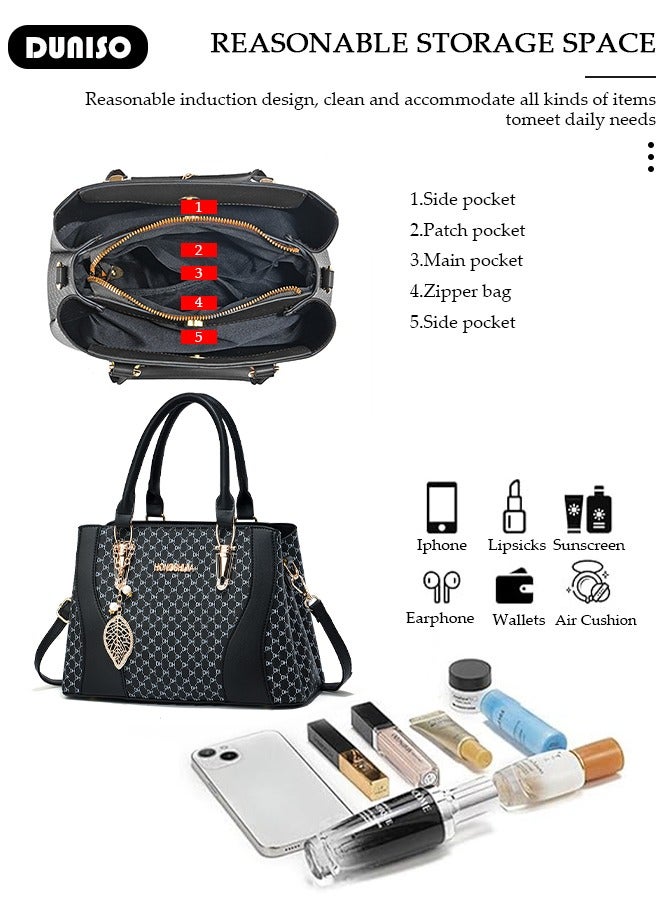 DUNISO Faux Leather Handbag With Top Handle,Large Capacity Women’s Shoulder Bag,Cross-Body Purse For Ladies With Zipper, All-Match Messenger Bag,Simple Vintage Print Tote Bag For Daily, Work, Travel  - Image 3