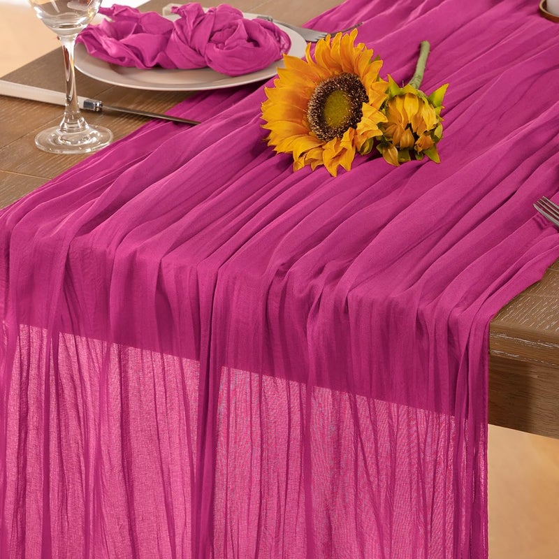 DeZerlor Hot Pink Cheesecloth Table Runner 4 Pack Spring Table Runners Boho Gauze 120 Inches Fuschia Cheese Cloth Table Decor for Wedding Bridal Baby Shower Valentine's Day - Image 1