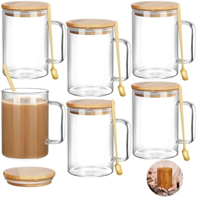 Jingmore 6 Sets 20 oz Clear Large Glass Coffee Mugs with Handles and Lids 6 Big Tea Cups with 6 Gold Spoons for Latte Espresso Tea Cappuccino Hot Cold Beverages