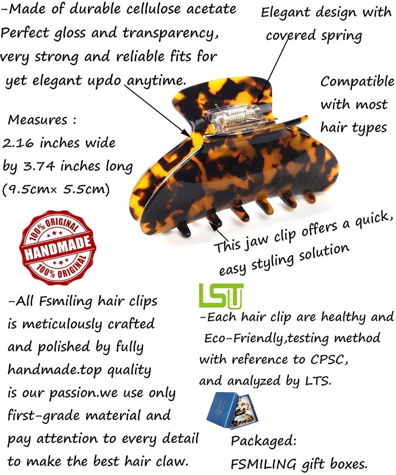 Fsmiling Big Claw Hair Clips for Women Girls Tortoise Hair Jaw Clips Large Hair Claw Clamps Celluloid Hair Clasp 2 Pack - Image 3