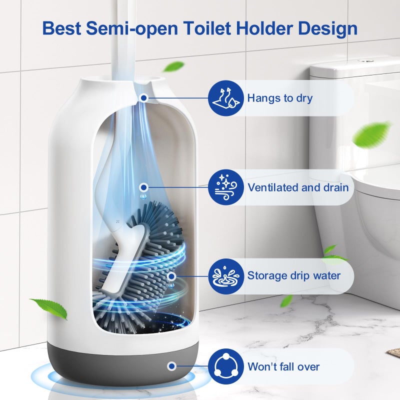 HAMITOR Toilet Bowl Brush Holder Set: Deep Cleaning Silicone Toilet Cleaner Scrubber Under Rim with Curved Bristle for Bathroom Dead Corner Clean - Modern Rv Toilet Decorative Accessories - White - Image 3