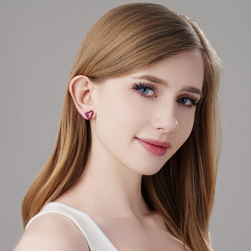 EVEVIC Austrian Crystal Heart Stud Earrings for Women 14K Gold Plated Hypoallergenic Formal Jewelry Gift (Rose Pink) - Image 3