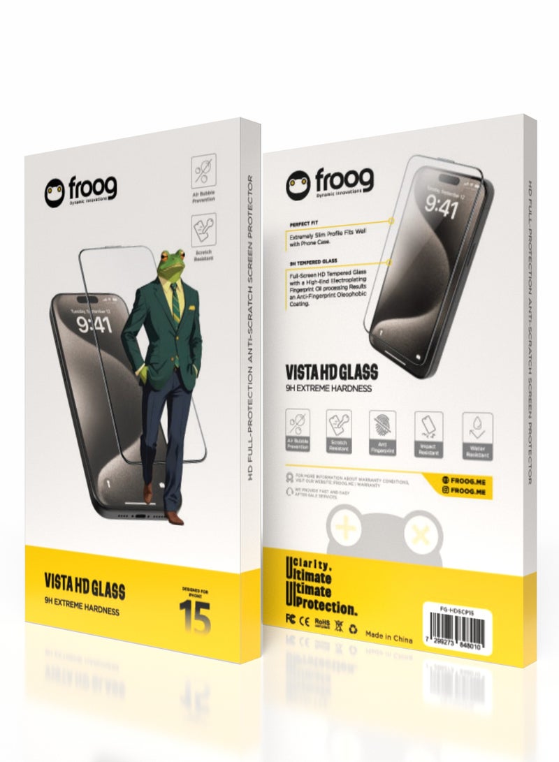 froog iPhone 15 Vista HD Glass Screen Protector /Anti Fingerprint/ Water Resistant / Scratch Resistant / Tempered Glass - Clear - Image 3
