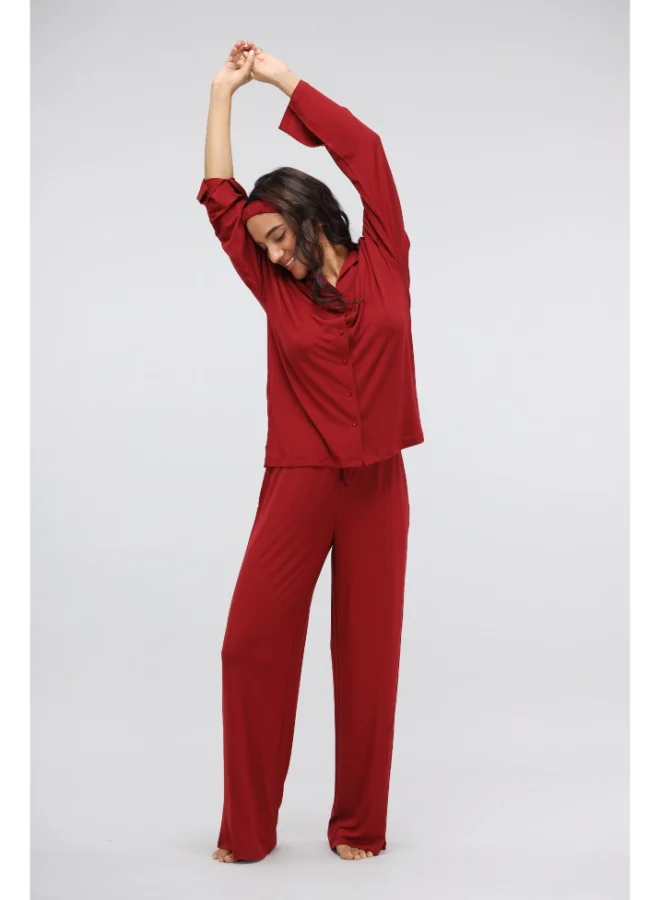 NeceSera Flared Modal Pajama Set with Long Lounge Top - Rhubarb