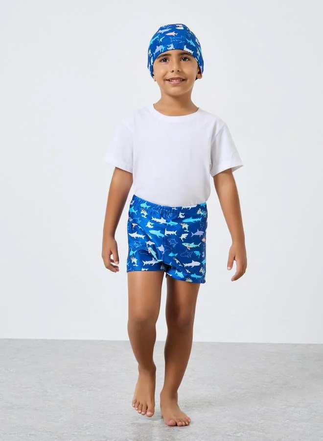 Styli Styli Boys Graphic Swim Shorts and Cap Set