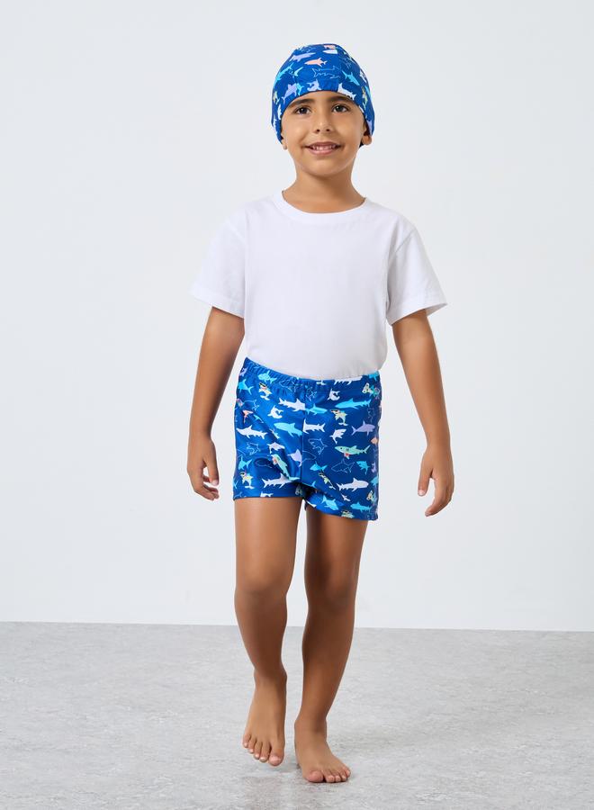 ستايلي طقم شورت سباحة للأولاد برسومات وقبعة - Image 1