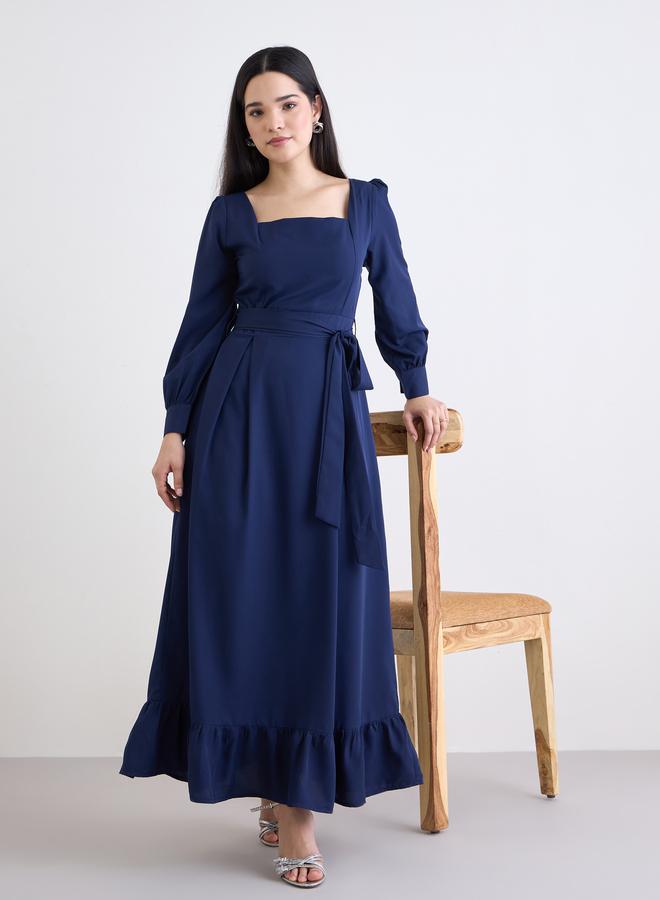 Styli Navy Blue Ruffled Hem Balloon Sleeve Maxi Dress - Image 1