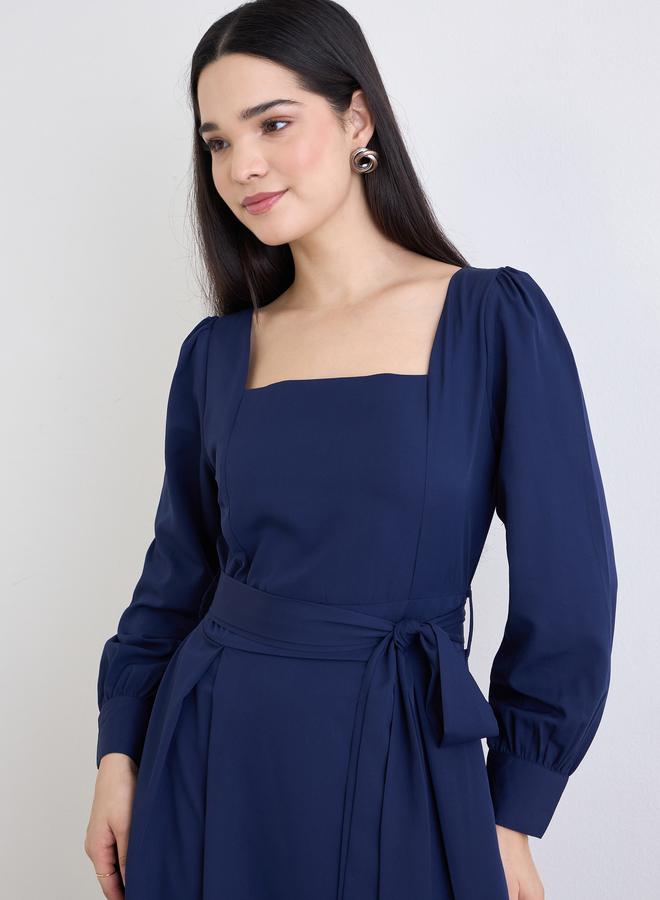 Styli Navy Blue Ruffled Hem Balloon Sleeve Maxi Dress - Image 3
