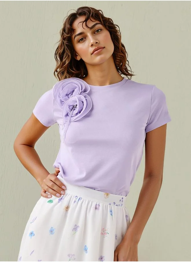 تواكستريمز 2Xtremz Floral Applique T-shirt with Crew Neck