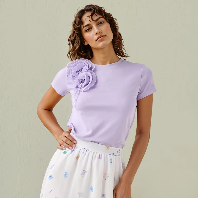 2Xtremz 2Xtremz Floral Applique T-shirt with Crew Neck