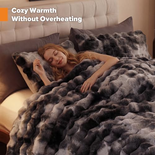 YIKUSH Tie-dye Grey Comforter Set Full - Luxurious Faux Fur Comforter for Winter, Fluffy Comforter Queen Set with 2 Pillowcases, Soft Warm Tie-dye Grey Bedding Set - Image 5