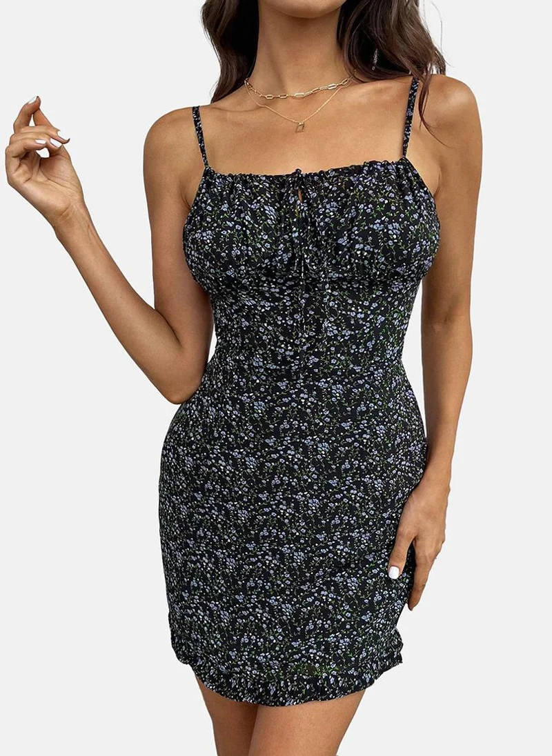 YUNIQEE Black Tie-up Floral Print Bodycon Dress