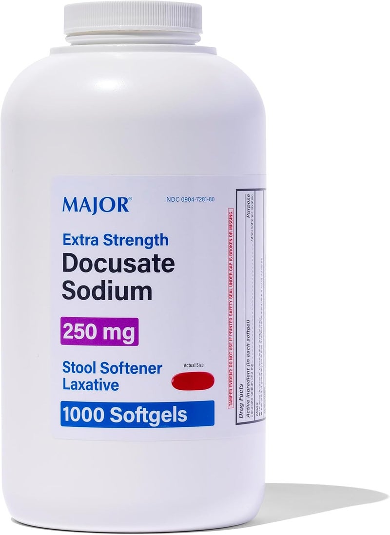 Major Docusate Sodium 250 mg - Extra Strength Stool Softener Laxative Softgels for Constipation Relief - Gentle Stool Softeners for Women, Men, and Kids Ages 12+ - 1000 Softgels