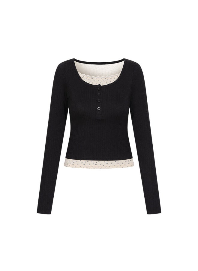 H822 Lace Fake Two-piece U-neck Long-sleeved T-shirt Women's Spring And Autumn French Slim-fit Inner Sweet Spice Girl Top For Women