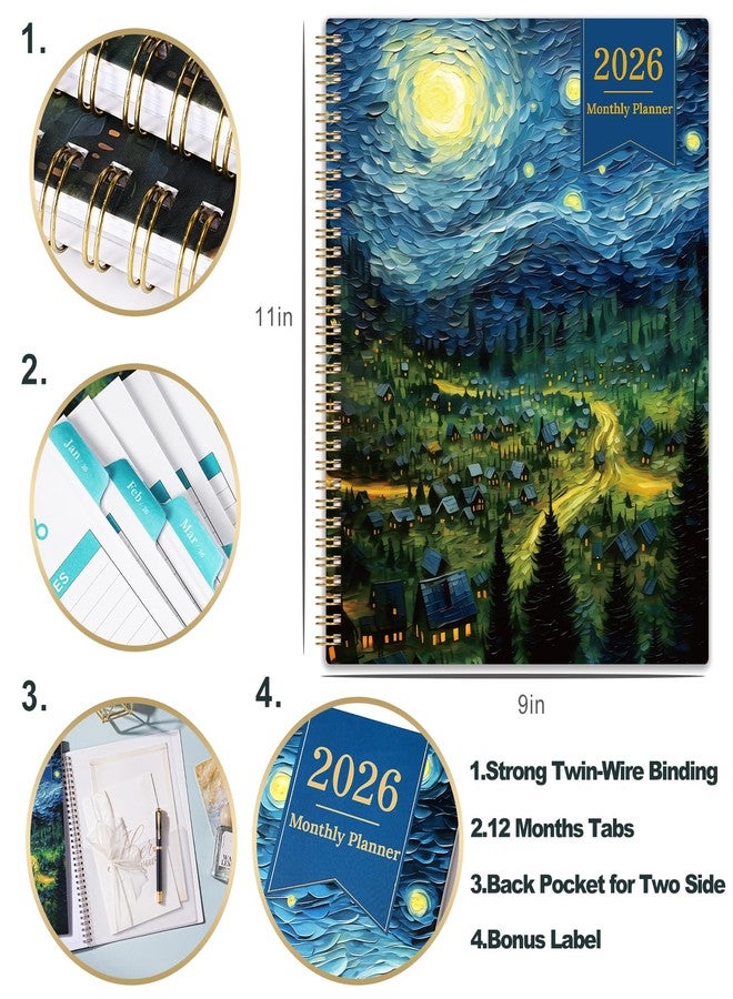Journaltastic 2026 Monthly Planner - 2026 Planner, Monthly Calendar 2026, Jan. 2026 - Dec. 2026, 9" x 11", 12 Month with Tabs & Pocket, Flexible Cover, Twin-Wire Binding, Thick Paper - Starry Skies Painting - Image 3